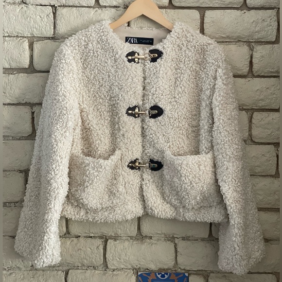 Zara Off-White Teddy Jacket with Toggle Closures - Picture 1 of 10